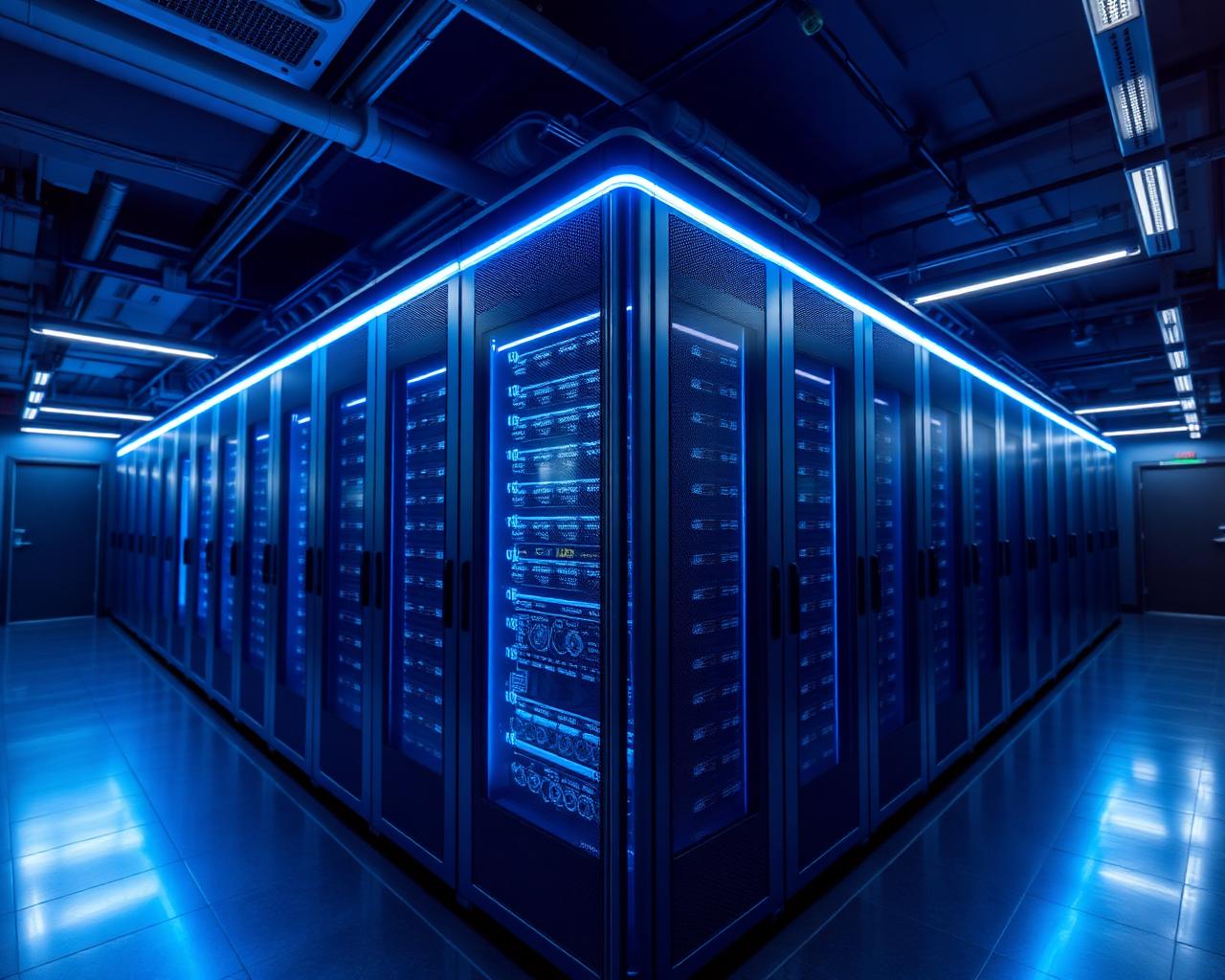 Modern enterprise data centre with blue lighting representing IT infrastructure
